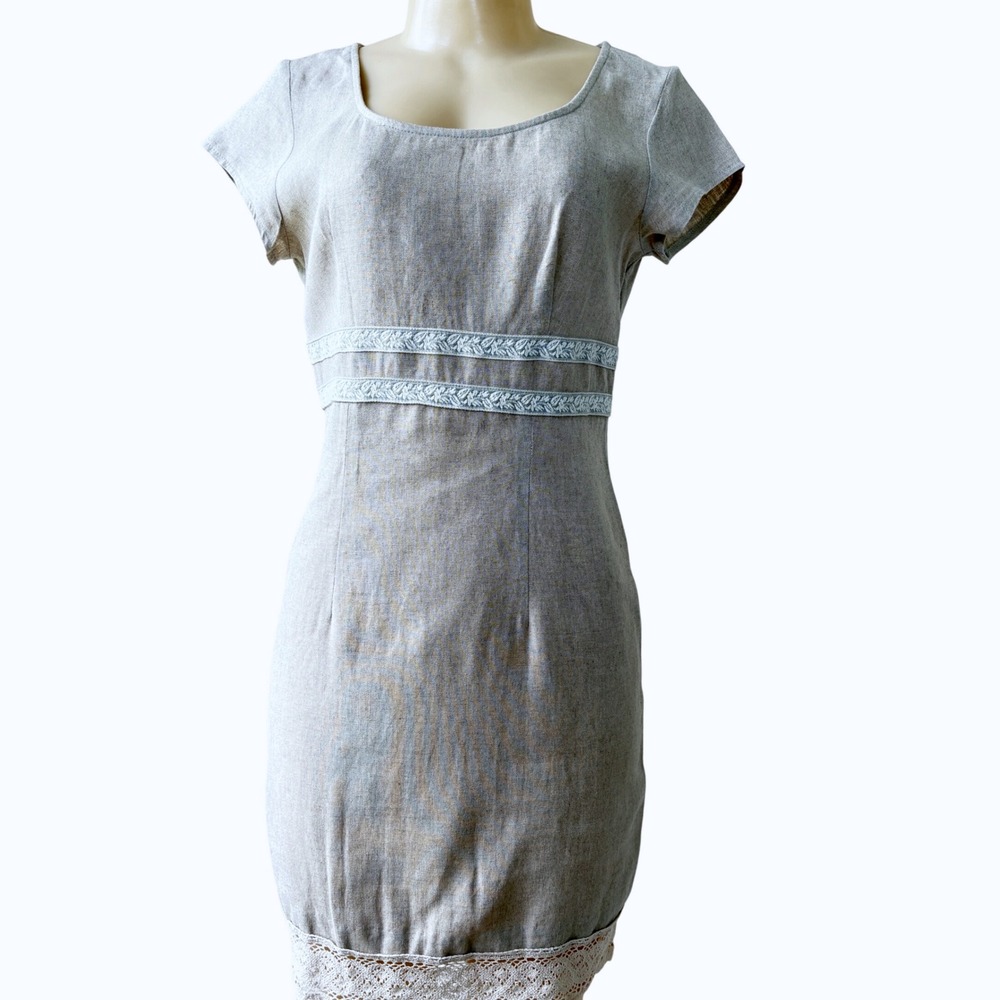 All That Jazz Linen Blend Dress Womens 7/8 Boho Cottagecore Lace Trim Sheath Min